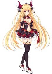 Rule 34 | 1girl, absurdres, arms behind back, black bow, black ribbon, black skirt, black sleeves, black thighhighs, blonde hair, blush, bow, breasts, cleavage, closed mouth, detached collar, detached sleeves, diadem, dragon horns, drapri guu-ta-life 2, floating hair, full body, game cg, hair between eyes, hair bow, hair ornament, hair ribbon, haru (drapri guu-ta-life), highres, horns, large breasts, layered skirt, long hair, long sleeves, looking at viewer, midriff, miniskirt, multicolored clothes, multicolored skirt, navel, neck ribbon, pleated skirt, red horns, red ribbon, red skirt, ribbon, skirt, smile, solo, standing, stomach, striped, striped bow, tachi-e, takano yuki (allegro mistic), thighhighs, transparent background, very long hair, white bow, white footwear, white skirt, zettai ryouiki