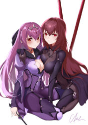 Rule 34 | 2girls, absurdres, armor, blush, bodysuit, breast press, breasts, cleavage cutout, clothing cutout, covered navel, fate/grand order, fate (series), fur trim, gae bolg (fate), hair intakes, hand on another&#039;s shoulder, highres, kneeling, large breasts, leotard, long hair, looking at viewer, multiple girls, pauldrons, polearm, purple bodysuit, purple hair, purple leotard, red eyes, scathach (fate), scathach skadi (fate), scathach skadi (second ascension) (fate), shinkuwauri, shoulder armor, signature, skin tight, smile, spear, symmetrical docking, tiara, veil, wand, weapon, white background