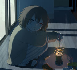 Rule 34 | 1boy, absurdres, avogado6, brown hair, can, closed eyes, highres, holding fireworks, indoors, lighter, long sleeves, looking at viewer, medium hair, original, pants, sandals, sliding doors, smile, solo, squatting, sweater, teeth, yellow sweater