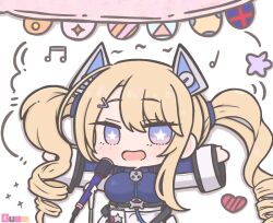 Rule 34 | 1girl, arms out to sides, arms outstretched, azur lane, banner, belt, blonde hair, blue eyes, breasts, chibi, chibi only, drill hair, english text, futaba, guam (azur lane), hair ornament, large breasts, love heart, microphone, musical note, open mouth, scrunchies, starry eyes, twin drills, twintails