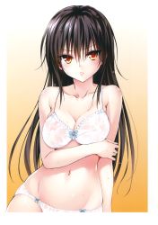 Rule 34 | 10s, 1girl, absurdres, black hair, blush, bra, breast hold, breasts, cleavage, covered erect nipples, highres, kotegawa yui, long hair, looking at viewer, medium breasts, navel, official art, panties, parted lips, red eyes, reference work, see-through, solo, to love-ru, to love-ru darkness, underwear, wet, wet clothes, yabuki kentarou