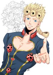 Rule 34 | 1boy, absurdres, blonde hair, blue eyes, braid, bug, cleavage cutout, clothing cutout, giorno giovanna, highres, hotaru (ss801), insect, jojo no kimyou na bouken, ladybug, male focus, outstretched hand, pectoral cleavage, pectorals, solo, vento aureo, wing ornament