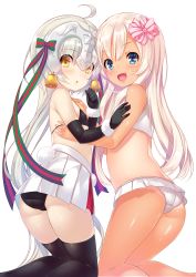Rule 34 | 2girls, absurdres, ahoge, ass, bell, bikini, bikini under clothes, black bikini, black gloves, black legwear, blue eyes, blush, bow, commentary request, crossover, dark-skinned female, dark skin, elbow gloves, fang, fate/grand order, fate (series), flat chest, from side, gloves, hair bow, hair ornament, hand on another&#039;s chest, headpiece, highres, jeanne d&#039;arc (fate), jeanne d&#039;arc alter santa lily (fate), kantai collection, kneeling, long hair, looking at viewer, mayusaki yuu, multiple girls, open mouth, pink bow, ro-500 (kancolle), silver hair, simple background, skirt, swimsuit, tan, tanline, tareme, thighhighs, very long hair, white background, white bikini, white skirt, yellow eyes