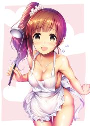 Rule 34 | 1girl, apron, armpits, blush, breasts, brown eyes, brown hair, cleavage, collarbone, cowboy shot, groin, heart, heart background, holding, idolmaster, idolmaster cinderella girls, igarashi kyoko, ladle, leaning forward, long hair, looking at viewer, medium breasts, ment, naked apron, open mouth, pink background, scrunchie, side ponytail, sideboob, simple background, smile, solo, standing, thighs, wide hips