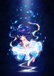 Rule 34 | 1girl, bad id, bad pixiv id, barefoot, black hair, blue eyes, blush, bow, dress, fish, flower, frilled dress, frills, hair ornament, hands on own face, highres, long hair, megumu, open mouth, original, ribbon, smile, solo, white dress