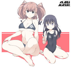 Rule 34 | 2girls, akatsuki (kancolle), anchor, anchor hair ornament, atlanta (kancolle), bikini, black bikini, black one-piece swimsuit, breasts, brown hair, character name, clothes writing, collarbone, competition swimsuit, earrings, grey eyes, hair between eyes, hair ornament, jewelry, kantai collection, large breasts, long hair, multiple girls, navel, one-piece swimsuit, purple eyes, purple hair, shigino sohuzi, smile, star (symbol), star earrings, swimsuit, two side up, v, v-shaped eyebrows