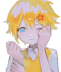 Rule 34 | 1boy, basil (faraway) (omori), blonde hair, blue eyes, closed mouth, collared shirt, crying, disembodied hand, flower, hair flower, hair ornament, highres, hinshi hp0, omori, one eye closed, shirt, short sleeves, sweater vest, tears, white shirt, wiping tears, yellow sweater vest
