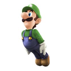 Rule 34 | 1boy, absurdres, blue eyes, brown hair, gloves, hat, highres, luigi, male focus, mario (series), nintendo, official art, overalls, shoes, simple background, solo, super mario bros. 1, super smash bros.