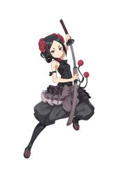 Rule 34 | 1girl, armband, black eyes, black hair, black legwear, breasts, eyebrows, flower, full body, hair flower, hair ornament, highres, katana, official art, princess principal, princess principal game of mission, sandals, sheath, small breasts, solo, standing, sword, toudou chise, transparent background, unsheathing, weapon
