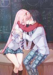 Rule 34 | 10s, 1boy, 1girl, black hair, black legwear, blue eyes, blush, chalkboard, chenaze57, closed eyes, clothes pull, commentary request, couple, darling in the franxx, fringe trim, green eyes, grey jacket, hair ornament, hairband, hetero, highres, hiro (darling in the franxx), holding another&#039;s arm, holding hands, horns, jacket, jacket pull, kiss, long hair, long sleeves, looking at another, necktie, oni horns, open clothes, open jacket, pants, pink hair, plaid, plaid pants, plaid skirt, red horns, red scarf, scarf, school uniform, shared clothes, shared scarf, shirt, short hair, sitting, sitting on table, skirt, socks, thighs, white hairband, white shirt, zero two (darling in the franxx)