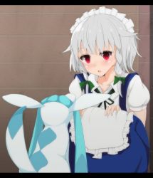 Rule 34 | :o, apron, blush, bow, braid, brick wall, creatures (company), crossover, game freak, gen 4 pokemon, glaceon, hair bow, izayoi sakuya, letterboxed, looking at another, maid, maid apron, maid headdress, nintendo, pokemon, pokemon (creature), puffy short sleeves, puffy sleeves, ratsuku kinoko, red eyes, short hair, short sleeves, silver hair, simple background, skirt, skirt set, squatting, touhou, twin braids, waist apron