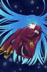 Rule 34 | 1girl, blue background, blue hair, bodysuit, breasts, floating hair, full body, gloves, highres, hugging own legs, kula diamond, long hair, medium breasts, murata tefu, open mouth, parted lips, red bodysuit, red eyes, signature, simple background, snk, snowflakes, solo, the king of fighters, the king of fighters xiv, very long hair, yellow gloves