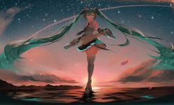Rule 34 | 1girl, absurdres, backlighting, black skirt, blue eyes, blue hair, c-up, closed umbrella, detached sleeves, evening, hatsune miku, highres, holding, holding umbrella, huge filesize, long hair, looking down, mountainous horizon, scenery, skirt, sky, standing, star (sky), starry sky, thighhighs, twilight, twintails, umbrella, very long hair, vocaloid