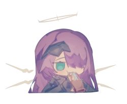Rule 34 | 1girl, arknights, black gloves, black jacket, character request, chibi, cropped torso, food, gloves, green eyes, hair over one eye, halo, hands up, holding, holding food, jacket, long sleeves, purple hair, simple background, solo, upper body, white background, yoyoseafish