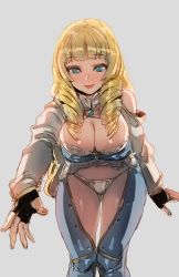Rule 34 | 1girl, black gloves, blonde hair, blue eyes, blue pants, blush, bow (bhp), breasts, charlotte (fire emblem), cleavage, fingerless gloves, fire emblem, fire emblem fates, gem, gloves, grey background, large breasts, leaning forward, long sleeves, looking at viewer, nintendo, open pants, original, panties, pants, parted lips, simple background, smile, solo, underwear, white panties