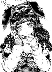 Rule 34 | 1girl, absurdres, animal ears, blue archive, blush, dog ears, goggles, goggles on head, greyscale, halo, hands up, haruyukiko, head tilt, hibiki (blue archive), highres, long hair, long sleeves, looking at viewer, monochrome, parted lips, simple background, solo, upper body, white background