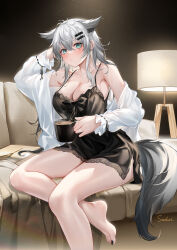 Rule 34 | 1girl, animal ear fluff, animal ears, arknights, bare legs, bare shoulders, barefoot, black nightgown, blue eyes, breasts, coffee, couch, cup, feet, grey eyes, grey hair, hair ornament, hairclip, highres, holding, holding cup, jewelry, lamppost, lappland (arknights), long hair, medium breasts, nightgown, on couch, ring, scar, scar across eye, solo, stardust (chen&#039;ai weiding), tail, toenails, wedding ring, white hair, wolf ears, wolf tail
