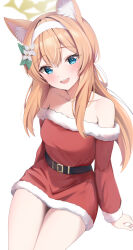 Rule 34 | 1girl, absurdres, animal ears, bare shoulders, blue archive, blue eyes, highres, mari (blue archive), open mouth, orange hair, rei (ilust9999), santa costume, simple background, sitting, smile, solo