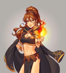 Rule 34 | 1girl, alternate costume, bracelet, breasts, brown hair, cape, fire, jewelry, large breasts, long hair, mella, necklace, octopath traveler, octopath traveler i, ponytail, primrose azelhart, simple background, smile, solo