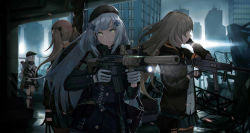 Rule 34 | 404 (girls&#039; frontline), 4girls, assault rifle, beret, brown hair, building, cero (last2stage), city, cowboy shot, finger on trigger, flashlight, g11 (girls&#039; frontline), girls&#039; frontline, gloves, gun, h&amp;k hk416, h&amp;k ump, hat, heckler &amp; koch, highres, hk416 (girls&#039; frontline), holographic weapon sight, jacket, lens flare, long hair, multiple girls, outdoors, reflector sight, rifle, scenery, siblings, sight (weapon), silver hair, sisters, skyscraper, submachine gun, suppressor, tactical light, twins, twintails, ump45 (girls&#039; frontline), ump9 (girls&#039; frontline), weapon