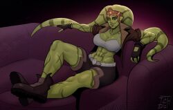 Rule 34 | 1girl, abs, alien, artist name, bra, brown footwear, brown gloves, brown jacket, brown shorts, colored skin, couch, dated, fingerless gloves, gloves, green skin, highres, itch (itchy ears), jacket, lip piercing, lip ring, muscular, muscular female, on couch, open clothes, open jacket, ottoman, piercing, saleen jarvik (ivynotorious), shoes, short shorts, shorts, sitting, solo, star wars, star wars: the old republic, tattoo, twi&#039;lek, underwear, watermark, white bra