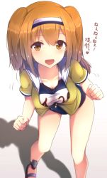 Rule 34 | 10s, 1girl, breasts, brown eyes, clothes writing, collarbone, cuon (kuon), hairband, i-26 (kancolle), kantai collection, large breasts, leaning forward, light brown hair, long hair, looking at viewer, name tag, open clothes, open mouth, sailor collar, sandals, school swimsuit, shadow, short sleeves, smile, solo, swimsuit, swimsuit under clothes, translation request, two-tone hairband, two side up, zipper