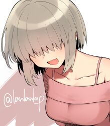 Rule 34 | 1girl, :d, artist name, bare shoulders, breasts, close-up, collarbone, commentary, fang, grey hair, hair over eyes, highres, lanlanlap, large breasts, leaning forward, long bangs, off-shoulder shirt, off shoulder, open mouth, pink background, pink shirt, portrait, shirt, short hair, sidelocks, signature, smile, solo, twitter username, uzaki-chan wa asobitai!, uzaki yanagi, white background