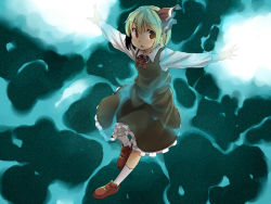 Rule 34 | 1girl, ascot, blonde hair, brown eyes, dress, embodiment of scarlet devil, female focus, glowing, hair ribbon, outstretched arms, red eyes, ribbon, rumia, short hair, skirt, socks, solo, spread arms, touhou, white socks, yudepii