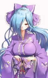 Rule 34 | .live, 1girl, absurdres, blue hair, bow, center frills, darjeeling (reley), floral print, frilled bow, frilled kimono, frilled sleeves, frills, hair bow, hair over one eye, high ponytail, highres, japanese clothes, kimono, long hair, long sleeves, looking at viewer, obi, ponytail, purple bow, purple kimono, red eyes, sash, solo, very long hair, virtual youtuber, wide sleeves, yamato iori