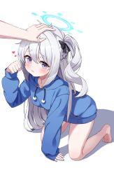 Rule 34 | 1girl, :t, absurdres, bare legs, barefoot, black bow, blue archive, blue eyes, blue hoodie, blush, bow, braid, closed mouth, dlgustkdsla, feet, grey hair, hair bow, half up braid, halo, hand on another&#039;s head, heart, highres, hood, hoodie, kneeling, long hair, long sleeves, miyako (blue archive), miyako (young) (blue archive), no pants, one side up, paw pose, pout, simple background, sleeves past fingers, sleeves past wrists, solo focus, tearing up, toes, very long hair, white background