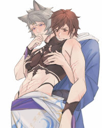 Rule 34 | 2boys, 3 (kieee666), abs, animal ears, arm up, armband, belt, belt buckle, black armband, black belt, blue robe, blush, brown hair, buckle, cat boy, closed mouth, commentary, compression shirt, couple, gran (granblue fantasy), granblue fantasy, grey eyes, groin, hair between eyes, hand to own mouth, highres, hood, hood down, hug, japanese clothes, kimono, kimono partially removed, male focus, mandarin collar, mole, mole under eye, multiple boys, pectoral grab, pectorals, print kimono, purple eyes, purple ribbon, ribbon, robe, scar, scar on arm, scar on chest, seox (granblue fantasy), shoulder belt, simple background, tareme, white background, white hood, yaoi