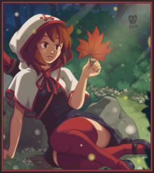 Rule 34 | 1girl, arrow (projectile), black dress, border, breasts, brown eyes, brown hair, capelet, commentary, commission, dress, english commentary, forest, hood, joakim sandberg, kaho (momodora), leaf, light rays, mary janes, momodora: reverie under the moonlight, nature, quiver, red border, red thighhighs, shoes, sitting, small breasts, solo, thighhighs, yokozuwari, zettai ryouiki