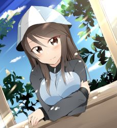 Rule 34 | 10s, 1girl, aimai (luckyfive), bad id, bad pixiv id, blue hat, blue jacket, blue skirt, breast hold, breasts, closed mouth, cloud, cloudy sky, crossed arms, dappled sunlight, day, dutch angle, eyebrows, girls und panzer, hat, jacket, leaning, light smile, long hair, long sleeves, looking at viewer, mika (girls und panzer), military, military uniform, portrait, skirt, sky, solo, sunlight, track jacket, tree, uniform, window