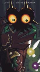 1girl 1other 2024 2boys absurdres beak dated fairy floating forest glowing glowing_eyes grass gus_uur hat highres majora&#039;s_mask_(character) mask multiple_boys nature nintendo outdoors skull_kid tael tatl the_legend_of_zelda the_legend_of_zelda:_majora&#039;s_mask