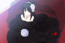 Rule 34 | 10s, 1girl, alternate hairstyle, bad id, bad pixiv id, bare shoulders, black hair, bouquet, breasts, cleavage, collarbone, cross, date a live, dress, elbow gloves, flower, gloves, hair ornament, highres, looking at viewer, open mouth, petals, red eyes, rose, see-through, short hair, solo, star (symbol), tokisaki kurumi, uiu, veil, wedding dress