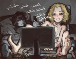 Rule 34 | 1boy, 1girl, barefoot, black eyes, blonde hair, bloodshot eyes, breasts, camisole, coomer (meme), dildo, drooling, highres, implied masturbation, keyboard (computer), long toenails, meme, messy hair, monitor, mossacannibalis, mouse (computer), on bed, original, sex toy, small breasts, speaker, spread legs, toenails, twinkjak, vibrator cord, white camisole, wojak