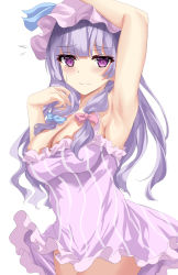 Rule 34 | 1girl, armpits, bare shoulders, blue bow, blue ribbon, blush, bow, breasts, closed mouth, dress, duplicate, eyes visible through hair, hair bow, hands up, hat, hime cut, kaeranu kaeru, long hair, looking at viewer, medium breasts, patchouli knowledge, pink bow, pink dress, pink hat, pixel-perfect duplicate, purple eyes, purple hair, ribbon, simple background, sleeveless, solo, striped clothes, striped dress, touhou, white background