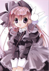Rule 34 | 1girl, :d, ahoge, angel, dress, earrings, frills, gradient background, hair ornament, jewelry, juliet sleeves, koge donbo, long hair, long sleeves, looking at viewer, misha, misha (pita ten), official art, open mouth, pink hair, pita ten, puffy sleeves, purple eyes, rabbit hair ornament, scan, simple background, smile, solo, v arms, wings