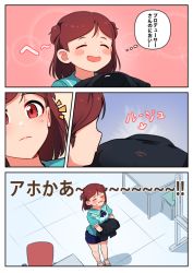 Rule 34 | 1girl, aoba misaki, black ribbon, blouse, blue sky, brown eyes, brown hair, closed eyes, closed mouth, collared shirt, comic, commentary, green shirt, high heels, holding, holding clothes, idolmaster, idolmaster million live!, indoors, kamille (vcx68), miniskirt, neck ribbon, notice lines, open mouth, ribbon, shirt, short hair, short sleeves, skirt, sky, smile, standing, sweatdrop, swept bangs, translated, two side up, white footwear