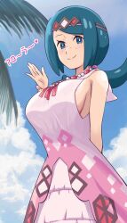 Rule 34 | 1girl, blue eyes, blue hair, breasts, bright pupils, closed mouth, cloud, cosplay, creatures (company), day, dress, freckles, game freak, hand up, heart, highres, jewelry, lana&#039;s mother (pokemon), lana (pokemon), lana (pokemon) (cosplay), lana (sygna suit) (pokemon), large breasts, long hair, looking down, mature female, necklace, nintendo, no sclera, outdoors, pokemoa, pokemon, pokemon (anime), pokemon masters ex, pokemon sm (anime), sideboob, sky, smile, solo, split mouth, white pupils