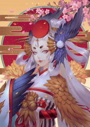 Rule 34 | 1girl, bell, black feathers, copyright name, eyeshadow, facepaint, feathers, hair ornament, hair rings, head wings, headgear, japanese clothes, jingle bell, kimono, lipstick, long hair, looking at viewer, makeup, obi, onmyoji, pom pom (clothes), pom pom hair ornament, purple eyes, red lips, rororei, sash, short eyebrows, thick eyebrows, ubume (onmyoji), upper body, very long hair, white hair, white kimono, winged arms, wings