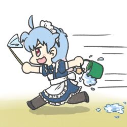 Rule 34 | 1girl, ahoge, alternate costume, apron, black pantyhose, blue dress, blue hair, bucket, dress, duster, enmaided, feather duster, ferret-san, frilled apron, frills, gradient background, kantai collection, long hair, low-tied long hair, maid, maid headdress, open mouth, pantyhose, red eyes, running, sado (kancolle), solo, spill, white apron, white background