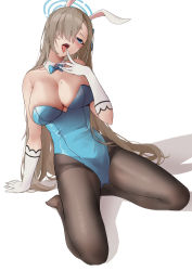 Rule 34 | absurdres, arm support, asuna (blue archive), asuna (bunny) (blue archive), blue archive, blue bow, blue bowtie, blue eyes, bow, bowtie, breasts, brown hair, brown pantyhose, cleavage, commentary request, detached collar, full body, gloves, hair over one eye, halo, highres, large breasts, leotard, long hair, looking at viewer, mole, mole on breast, naughty face, open mouth, pantyhose, playboy bunny, saliva, shadow, simple background, sitting, solo, thighs, tongue, tongue out, traditional bowtie, white background, white gloves, yukiaka
