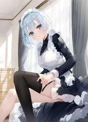 Rule 34 | 1girl, belt, belt buckle, black shirt, black skirt, blue eyes, bow, bowtie, breasts, buckle, closed mouth, collared shirt, grey jacket, grey shirt, hair ornament, highres, jacket, layered skirt, long sleeves, looking at viewer, lying, maid, medium breasts, official art, on back, red bow, red bowtie, second-party source, shading eyes, shirt, short hair, sidelocks, siesta (tantei wa mou shindeiru), skirt, smile, socks, solo, tantei wa mou shindeiru, white hair, x hair ornament