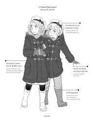Rule 34 | 2girls, alternate costume, blush, boots, character name, coat, duffel coat, english text, fingerless gloves, gloves, greyscale, hat, hood, hood down, hooded coat, janus (kancolle), jervis (kancolle), kantai collection, long hair, long sleeves, monochrome, multiple girls, open mouth, pants, rubber boots, sailor hat, short hair, simple background, weidashming