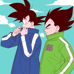 Rule 34 | 2boys, adjusting clothes, adjusting collar, bad id, bad twitter id, black eyes, black hair, blue coat, blue sky, breath, cloud, cloudy sky, coat, commentary request, covering own mouth, covering privates, day, dragon ball, dragon ball super, dragon ball super broly, expressionless, fingernails, frown, green coat, hand in pocket, light smile, looking away, looking down, male focus, multiple boys, outdoors, pesogin, profile, puff of air, sky, smile, son goku, spiked hair, standing, steam, upper body, vegeta, winter, winter clothes, winter coat