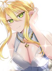 Rule 34 | 1girl, absurdres, ahoge, artoria pendragon (all), artoria pendragon (fate), artoria pendragon (swimsuit ruler) (fate), artoria pendragon (swimsuit ruler) (second ascension) (fate), bare shoulders, blonde hair, blush, braid, breasts, cleavage cutout, clothing cutout, fate/grand order, fate (series), french braid, green eyes, hair between eyes, hair bun, highres, jewelry, kankitsu kei, large breasts, long hair, looking at viewer, necklace, one-piece swimsuit, sidelocks, smile, solo, sparkle, swimsuit, white one-piece swimsuit