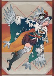Rule 34 | 1girl, absurdres, anklet, feathers, flower, hair flower, hair ornament, headgear, highres, ichi asakura, itsumade (onmyoji), japanese clothes, jewelry, looking at viewer, mole, mole under eye, monster girl, onmyoji, parted lips, red eyes, short hair, silver hair, solo, talons, winged arms, wings