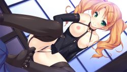 Rule 34 | 1girl, ass, ayase hazuki, bare shoulders, breasts, censored, elbow gloves, feet, game cg, garter straps, gloves, green eyes, kamidere, latex, legs, long hair, looking at viewer, nipples, no shoes, orange hair, pussy, sitting, smile, soles, thighhighs, thighs, toes, tokunaga hoshino, twintails