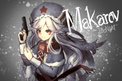 Rule 34 | 1girl, artist name, blurry, blurry background, capelet, character name, closed mouth, fur hat, fur trim, girls&#039; frontline, gradient background, grey background, gun, handgun, hands up, hat, highres, holding, holding gun, holding weapon, icenight, long hair, makarov (girls&#039; frontline), makarov pm, pocket pistol, red eyes, red star, scarf, silver hair, smile, solo, star (symbol), ushanka, weapon